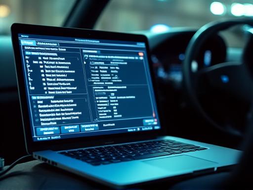 Laptop connected to car OBDII port for engine tuning