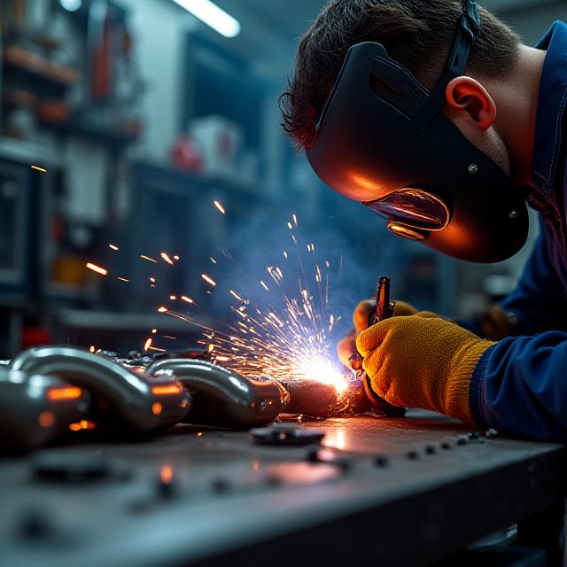 Mechanic TIG welding a custom exhaust manifold in the workshop